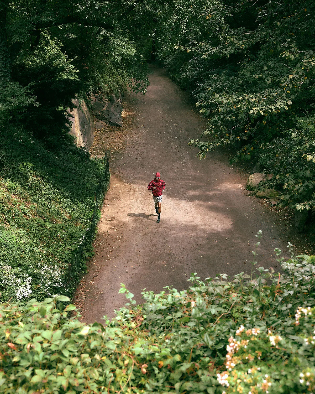 aerial view of runner in red jacket on wooded dirt path, black pair distant, K Tech 3