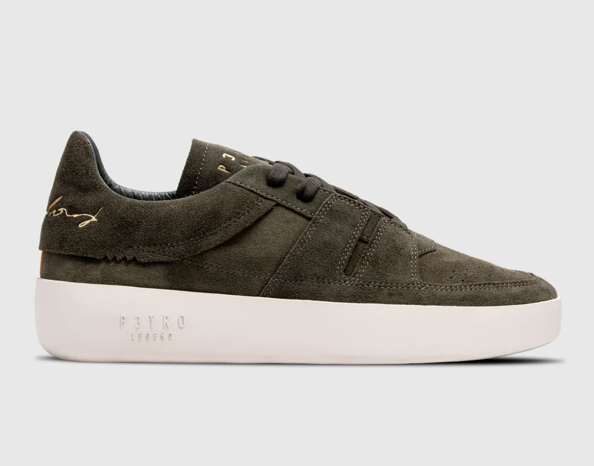 Lateral view, olive suede upper, gold signature logo on heel, white embossed sole, P3TRO Legend