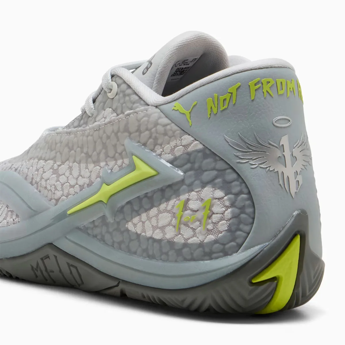 heel close-up, volt green 'NOT FROM H' text with wing and halo graphic, 1 of 1 script, Hills