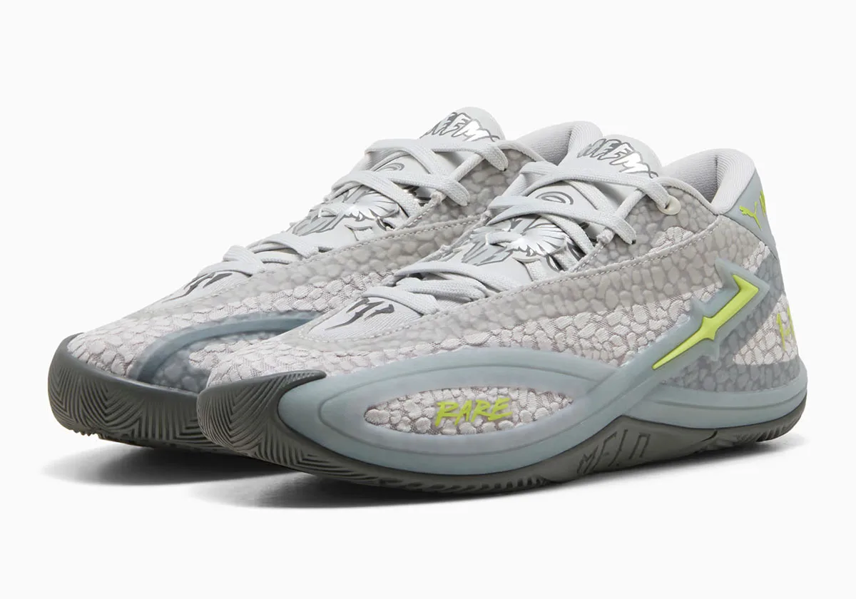 pair shown at angle, matching grey textured uppers with volt green accents on light backdrop, Hills