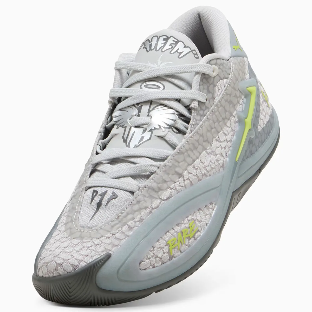 front three-quarter angle, laces close-up with silver wing logo and grey scaled texture, Hills