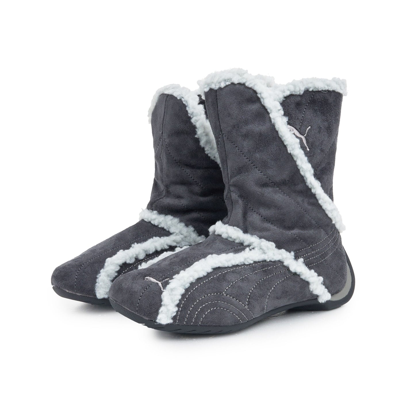 medial view of grey suede pair with white shearling trim and silver puma logo, Puma Slipcat Boots