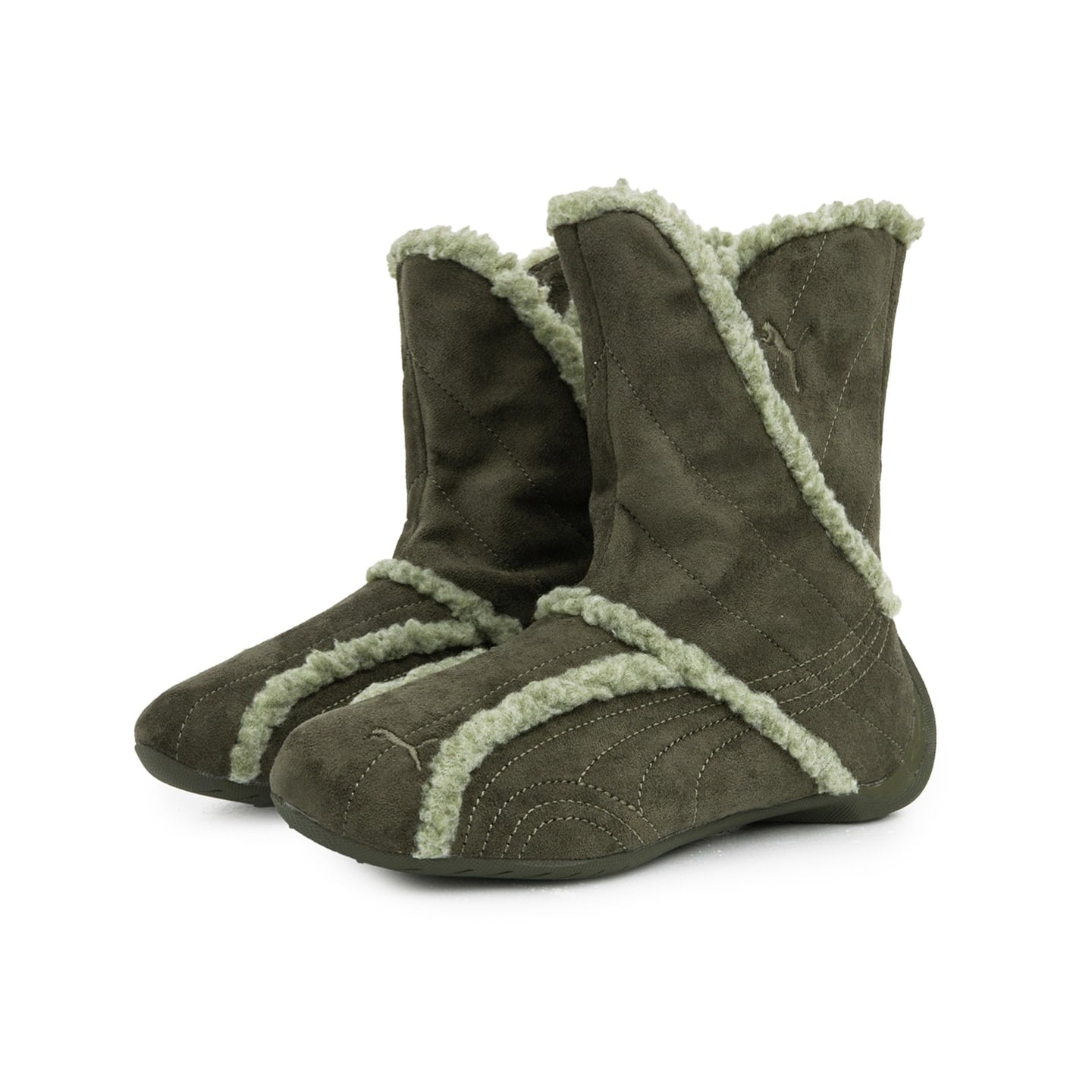 medial view of olive suede pair with sage shearling trim and tonal puma logo, Puma Slipcat Boots