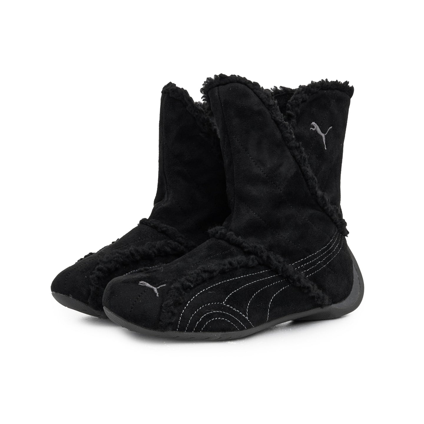 medial view of black suede pair with black shearling trim and silver puma logo, Puma Slipcat Boots