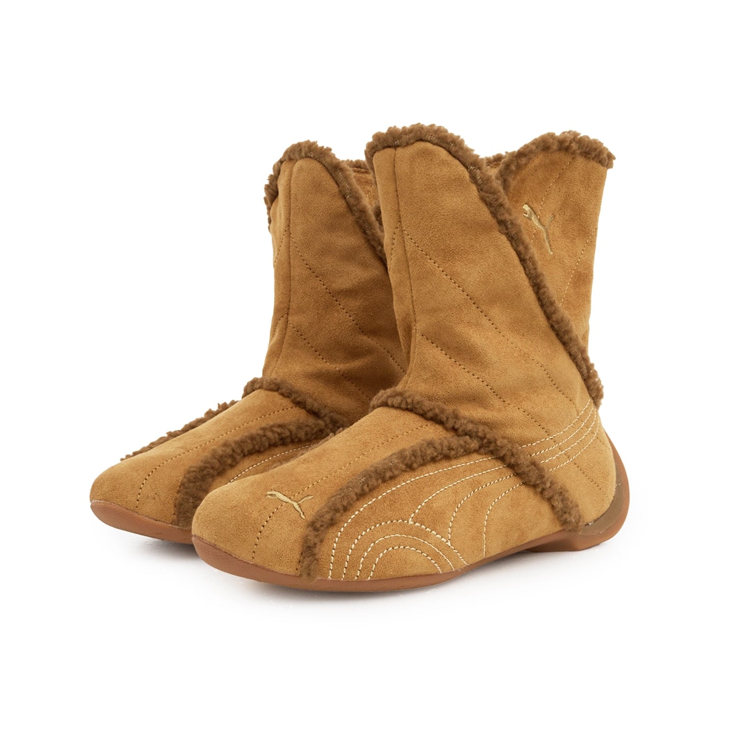 medial view of tan suede pair with brown shearling trim and gold puma logo, Puma Slipcat Boots