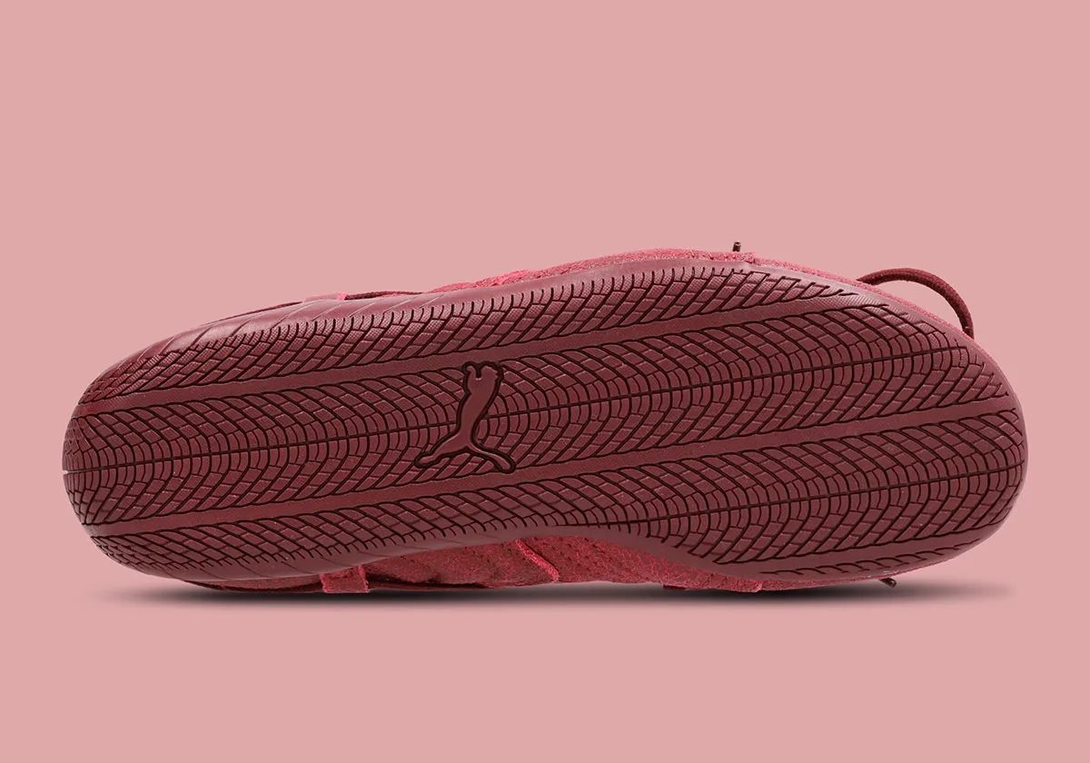 outsole view, burgundy tread pattern with embossed puma cat logo, OG x Rosé