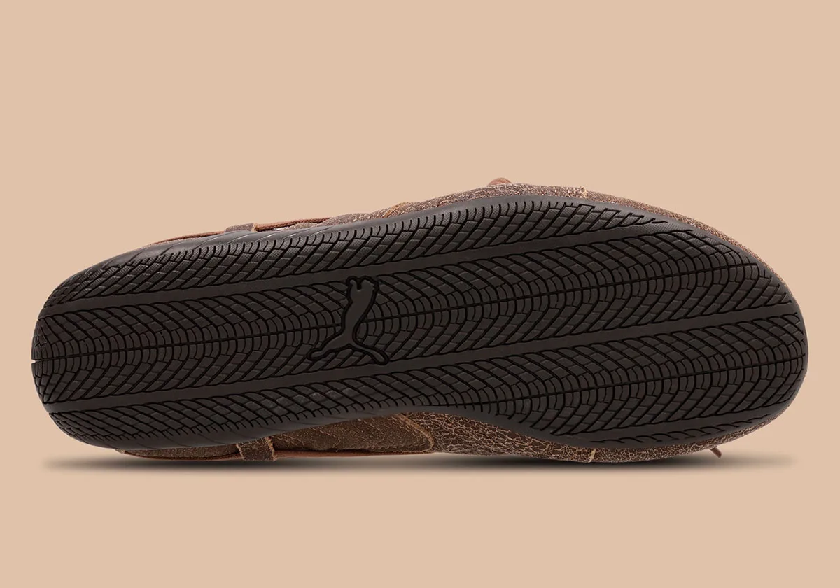outsole view, brown tread pattern with embossed puma cat logo, OG x Rosé
