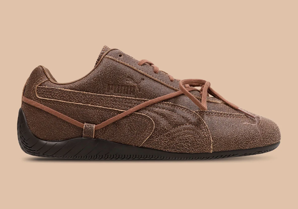 lateral view, crackled brown leather with tonal laces and puma logo, OG x Rosé