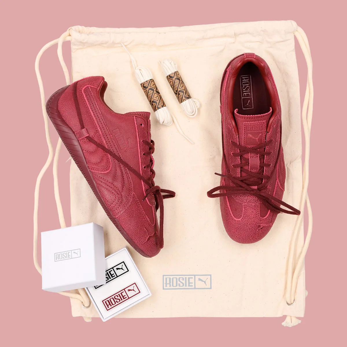 top-down burgundy shoe with canvas bag, spare laces and rosie box, OG x Rosé