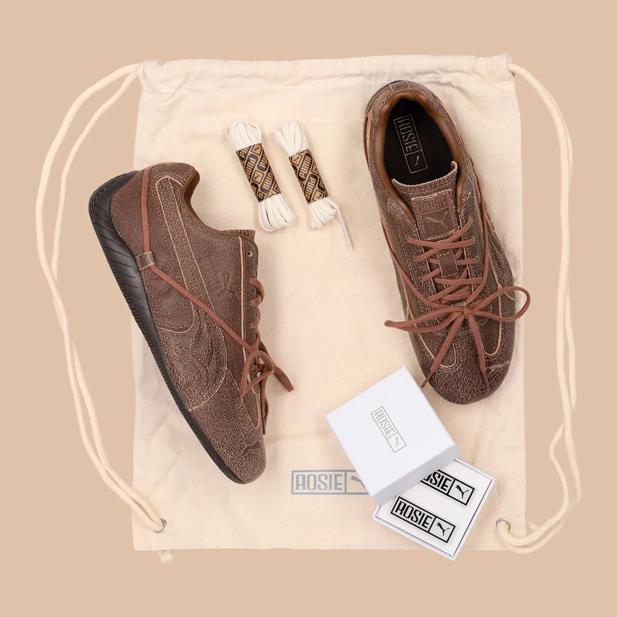 top-down brown shoe with canvas bag, spare laces and rosie box, OG x Rosé