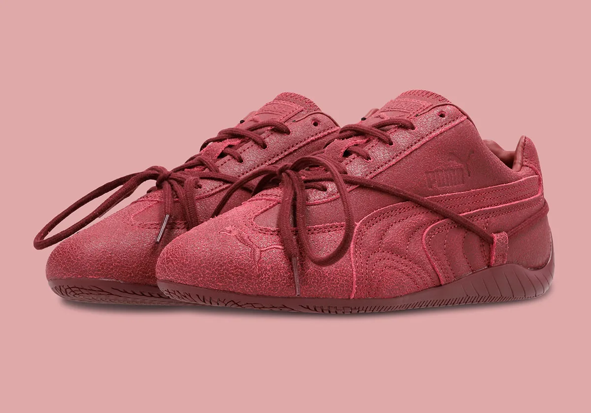 front-quarter pair, crackled burgundy leather with bow-tied laces, OG x Rosé