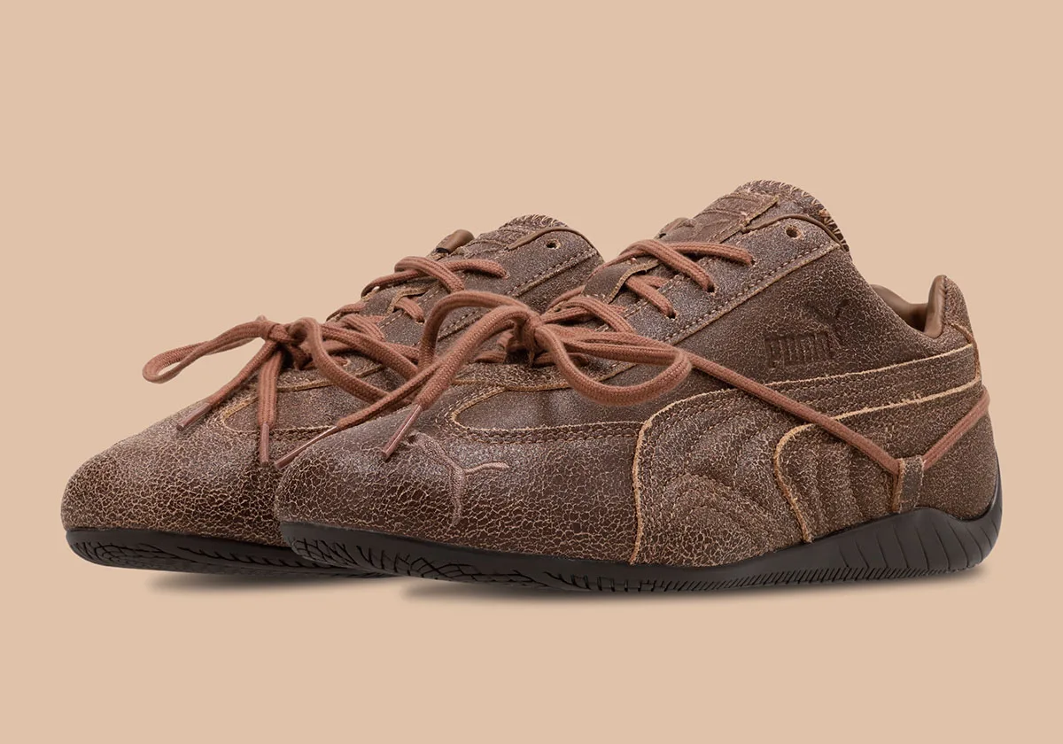 front-quarter pair, crackled brown leather with bow-tied laces, OG x Rosé
