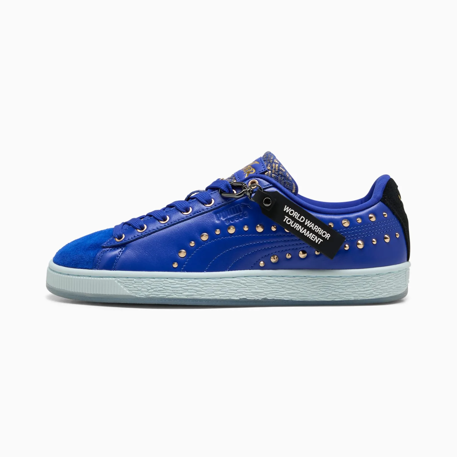 lateral view close-up on gold studs along blue leather with black heel patch, Chun Li