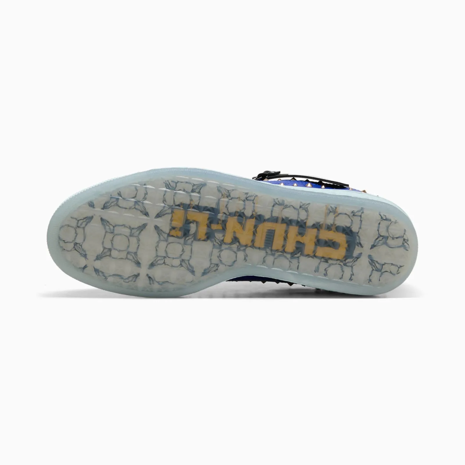 outsole view with pale blue translucent tread and gold Chun-Li text, Chun Li