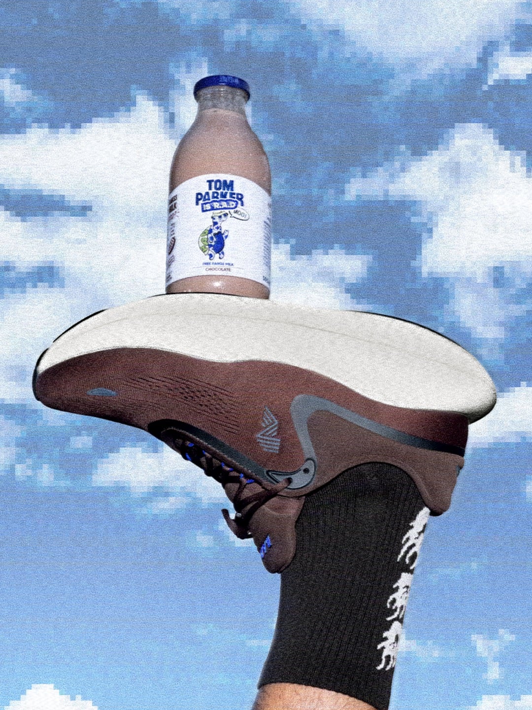 on-foot sole close-up against sky, brown and white midsole, milk bottle balanced on top, Choccy Milk