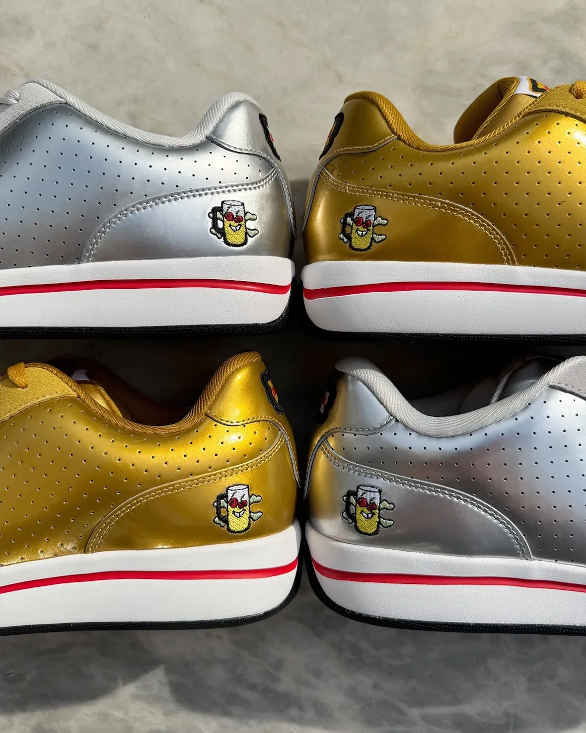heel close-up grid of four shoes, gold and silver, cherry-eyed mug patches, Japanese Beer Pack