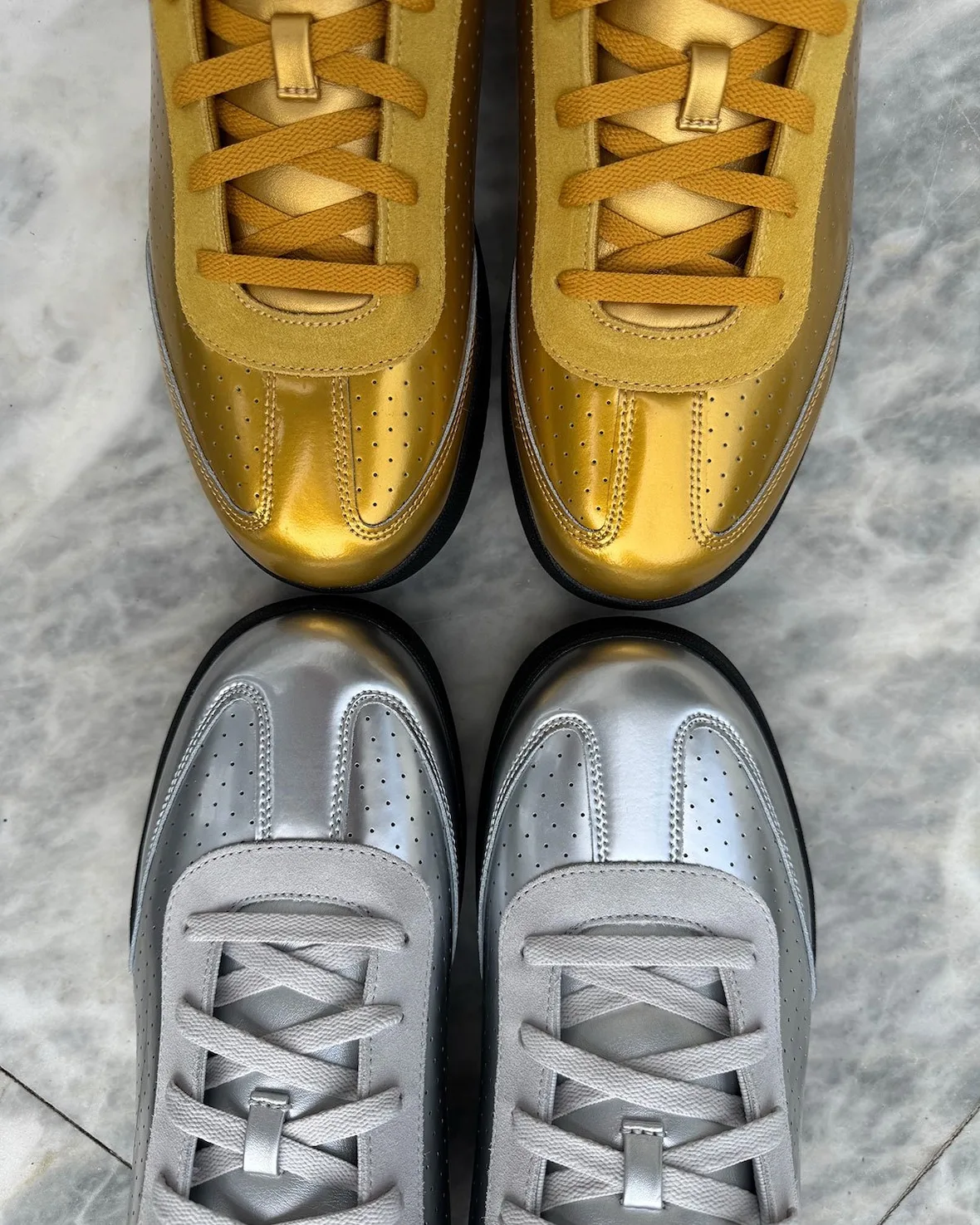 toe-box top-down, gold pair front and silver pair front, suede toe caps, Japanese Beer Pack