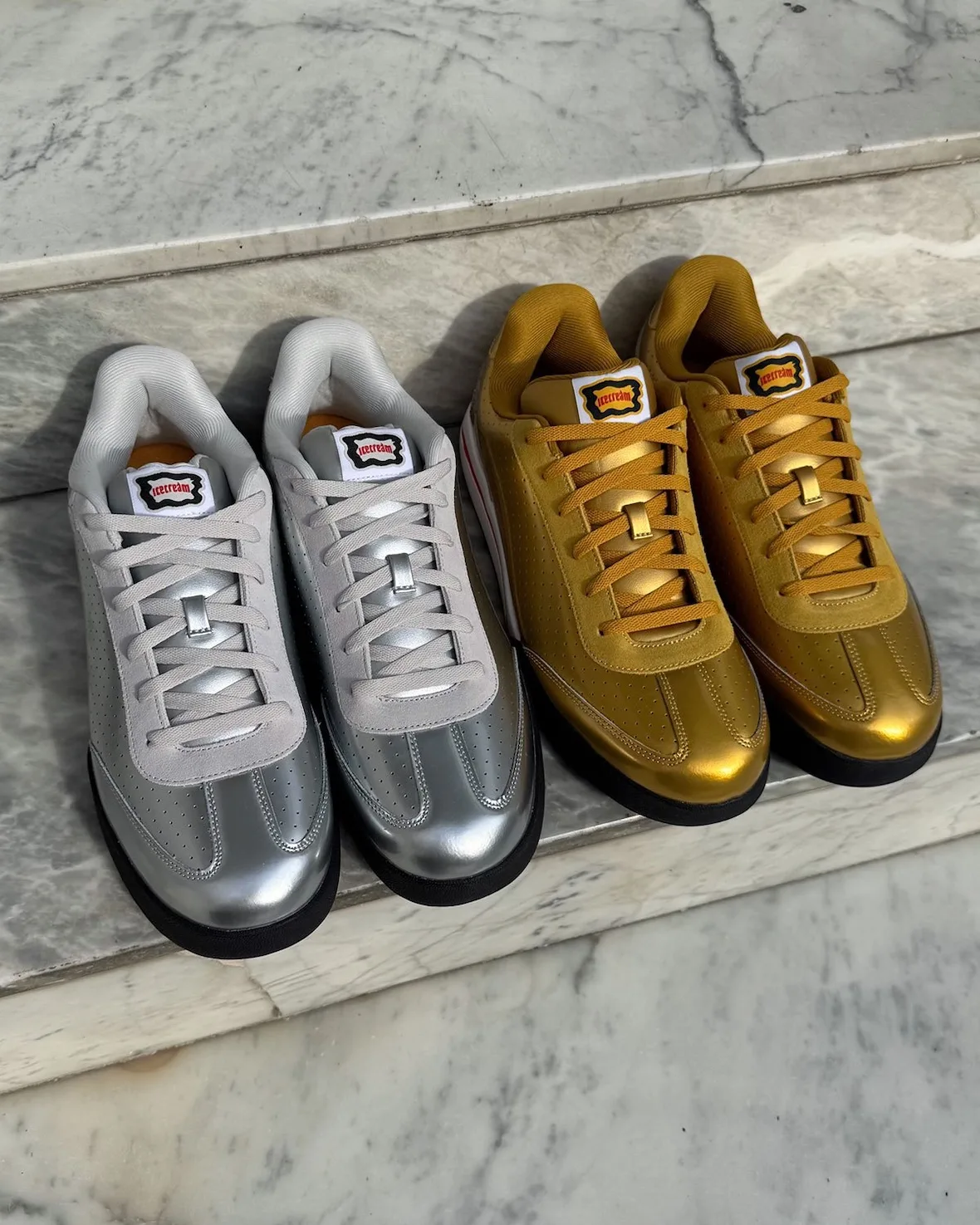 top-down, silver and gold pairs on marble steps, white icecream heel tags, Japanese Beer Pack