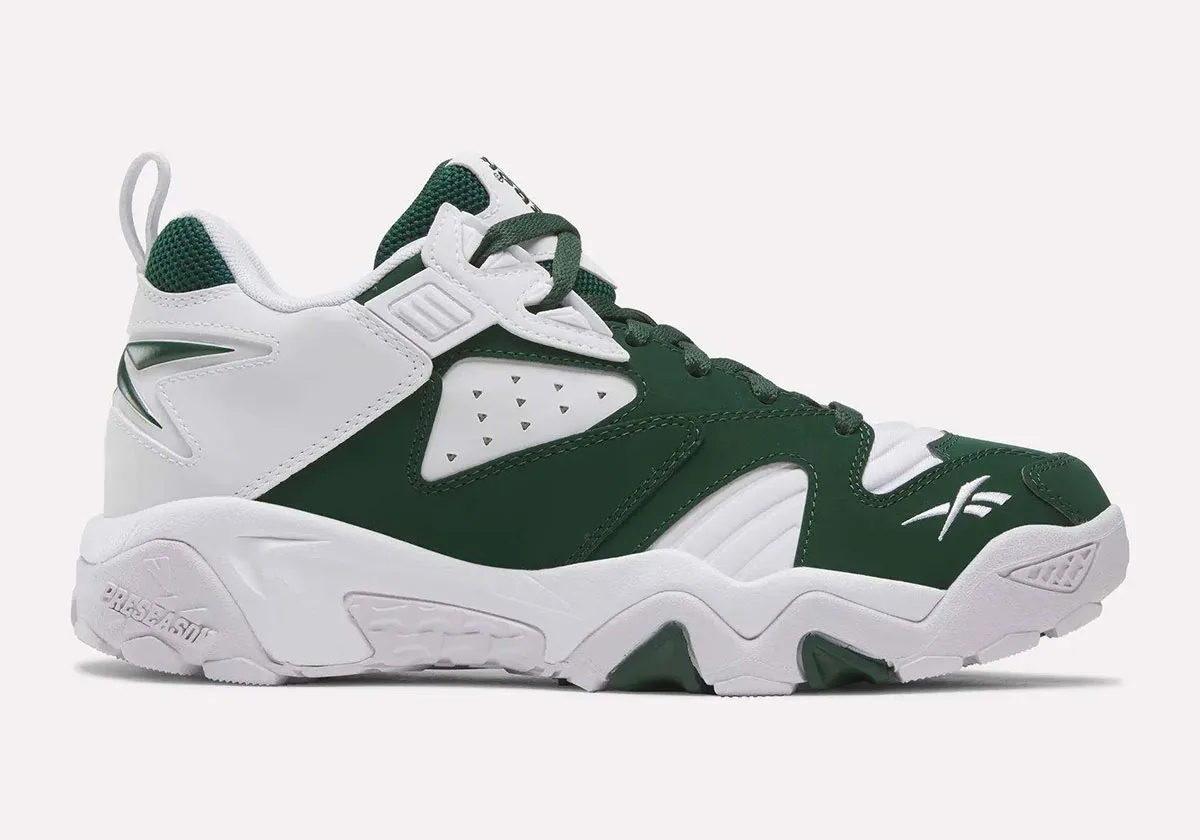 lateral view, dark green upper with white overlays and Reebok vector logo, Reebok Brutus Lo in Pine Green/White