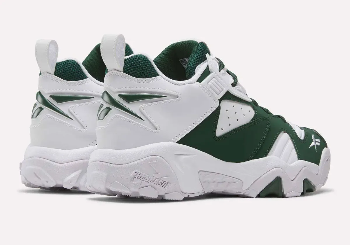 heel view of pair, dark green and white with Reebok delta emblem, Reebok Brutus Lo