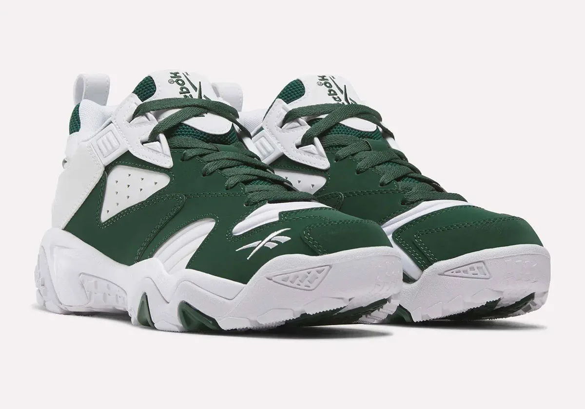 pair, angled front view showing green and white colourway with chunky sole, Reebok Brutus Lo