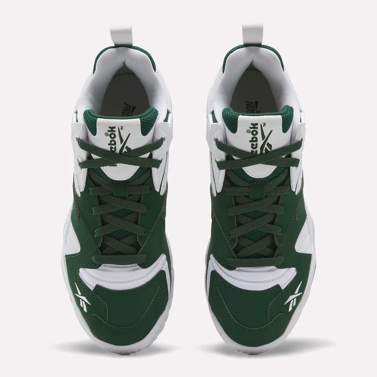 top-down view of pair, green laces and tongues with Reebok wordmark, Reebok Brutus Lo