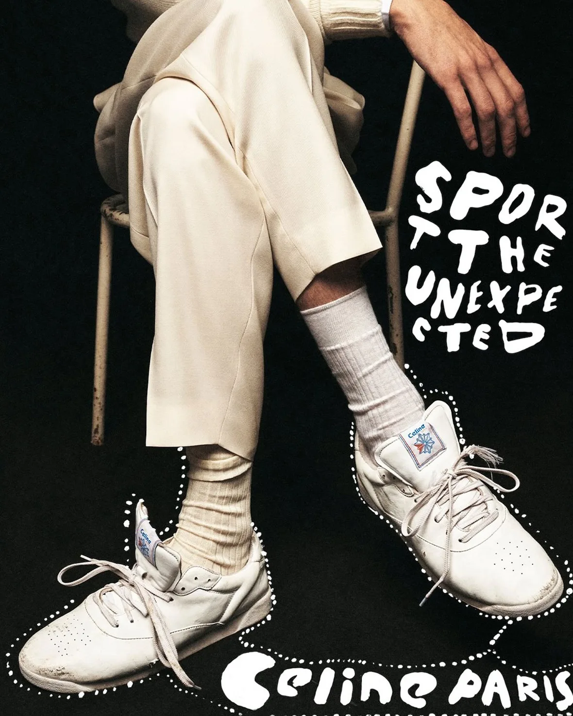 On-foot pair, cream sneakers with dotted outline graphic, Lo x Celine