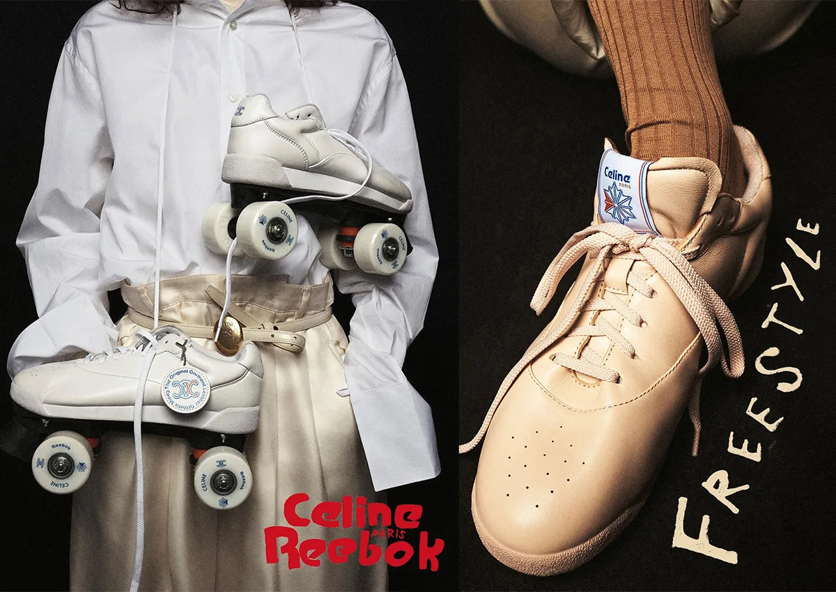 Split image: in-hand white roller skates and tan sneaker detail, Lo x Celine
