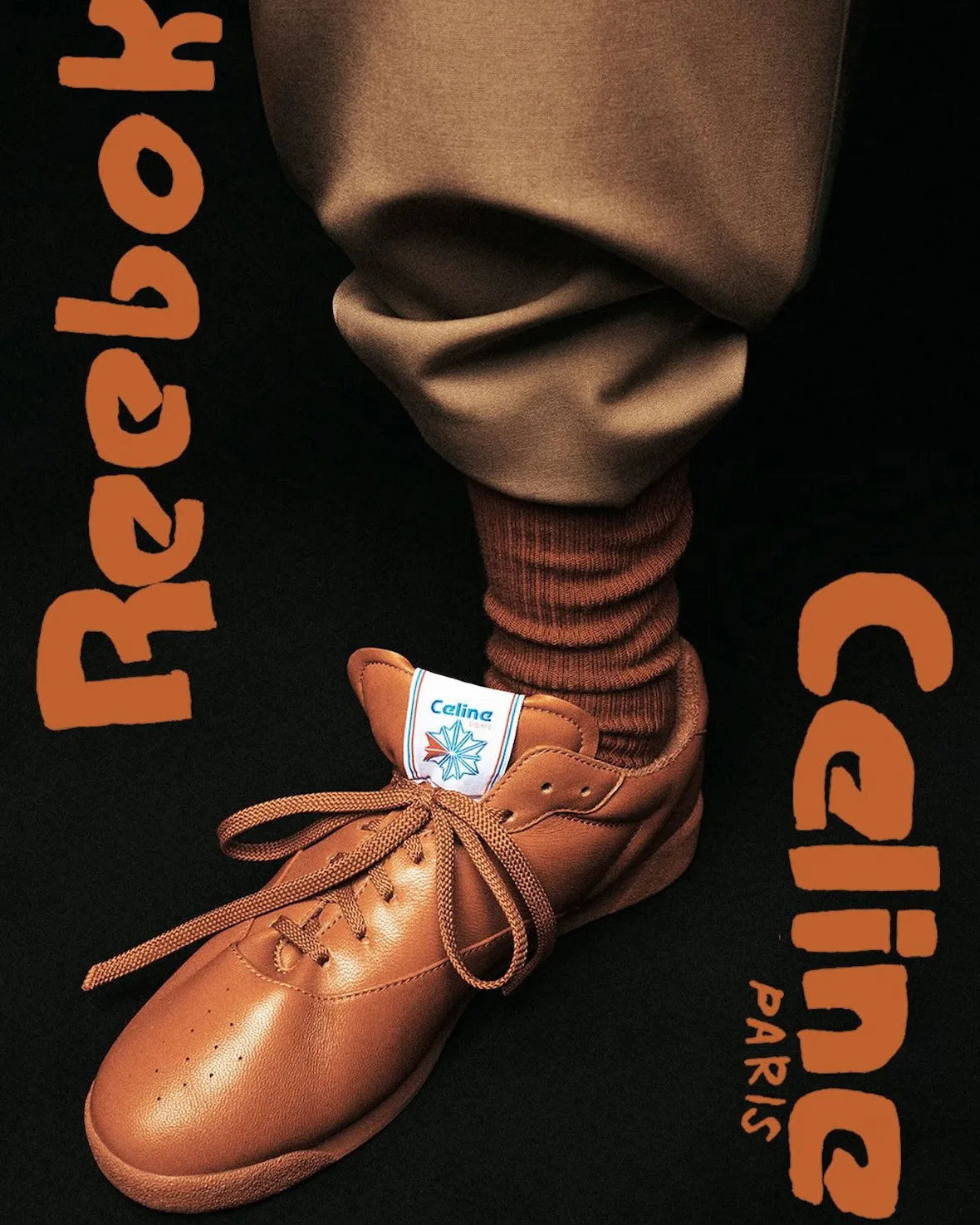 Top-down toe detail, tan leather with orange text overlay, Lo x Celine