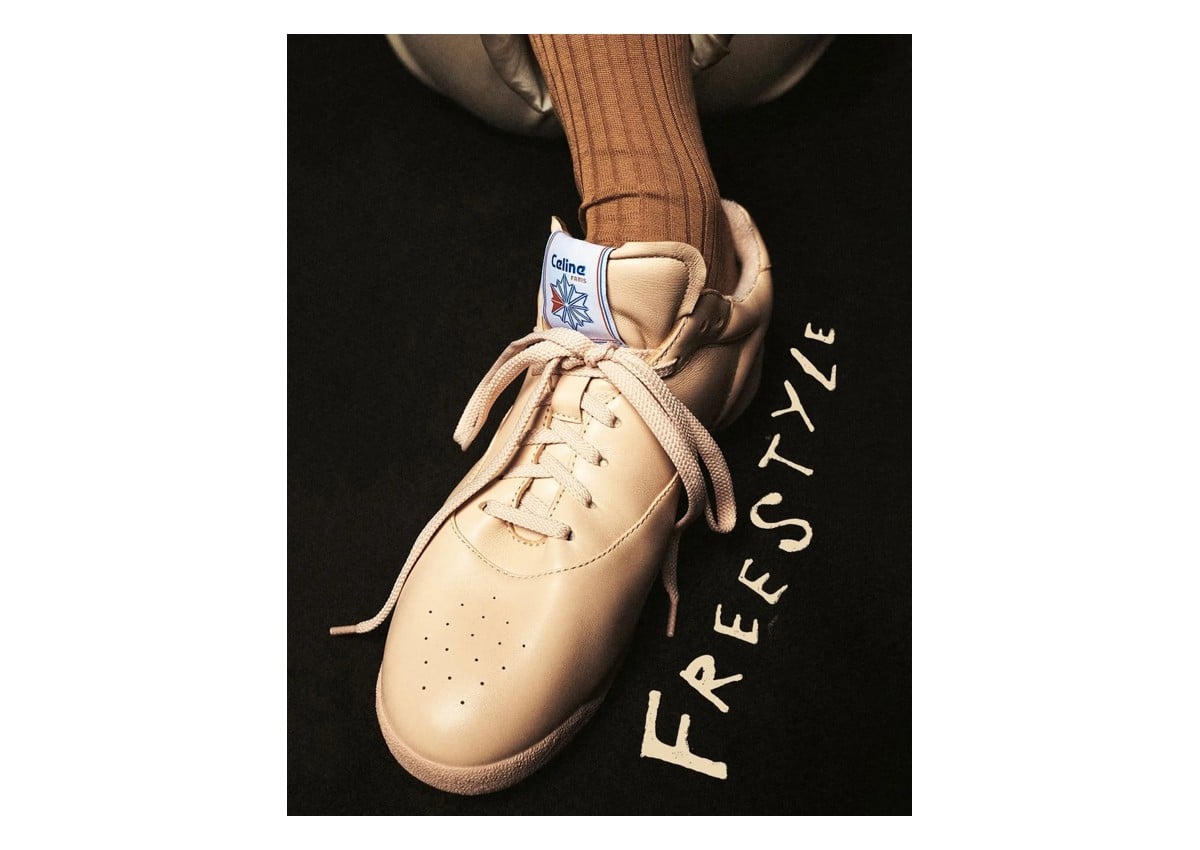 Top-down toe detail, tan leather with Celine Paris tongue tag, Reebok Freestyle Lo x Celine