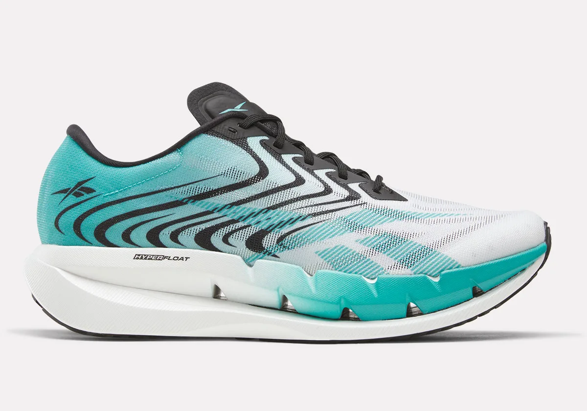 lateral view, teal and white upper with black wave graphic and Hyperfloat text, Reebok SpeedShifter