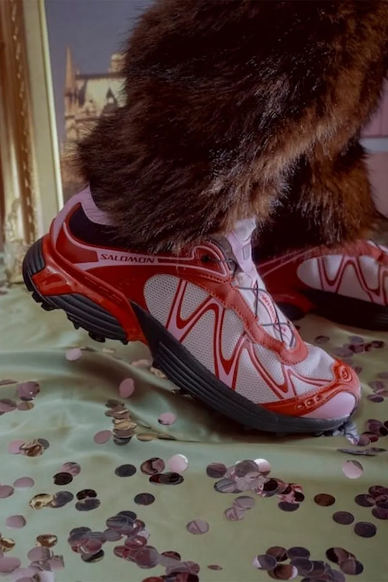 on-foot toe-to-heel view with fur cuff, confetti scattered on fabric below, Cherry Cake Party