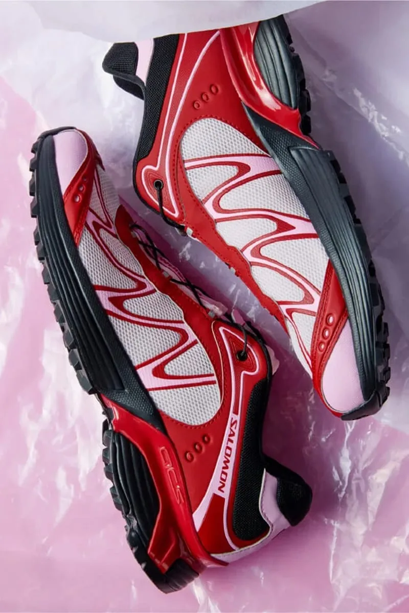 angled pair shot on plastic wrap, red squiggle graphics and black lugged soles, Cherry Cake Party