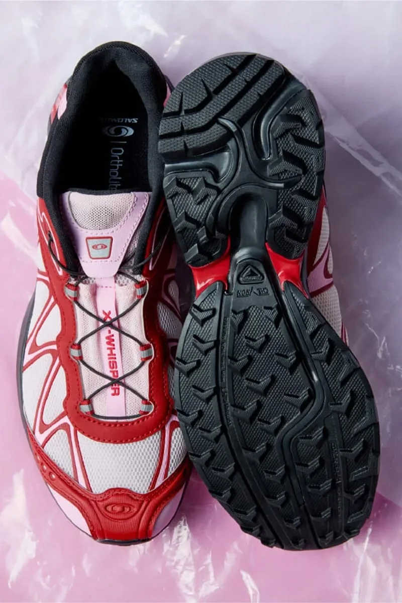 top-down pair, one shoe upper beside lugged black outsole on plastic wrap, Cherry Cake Party