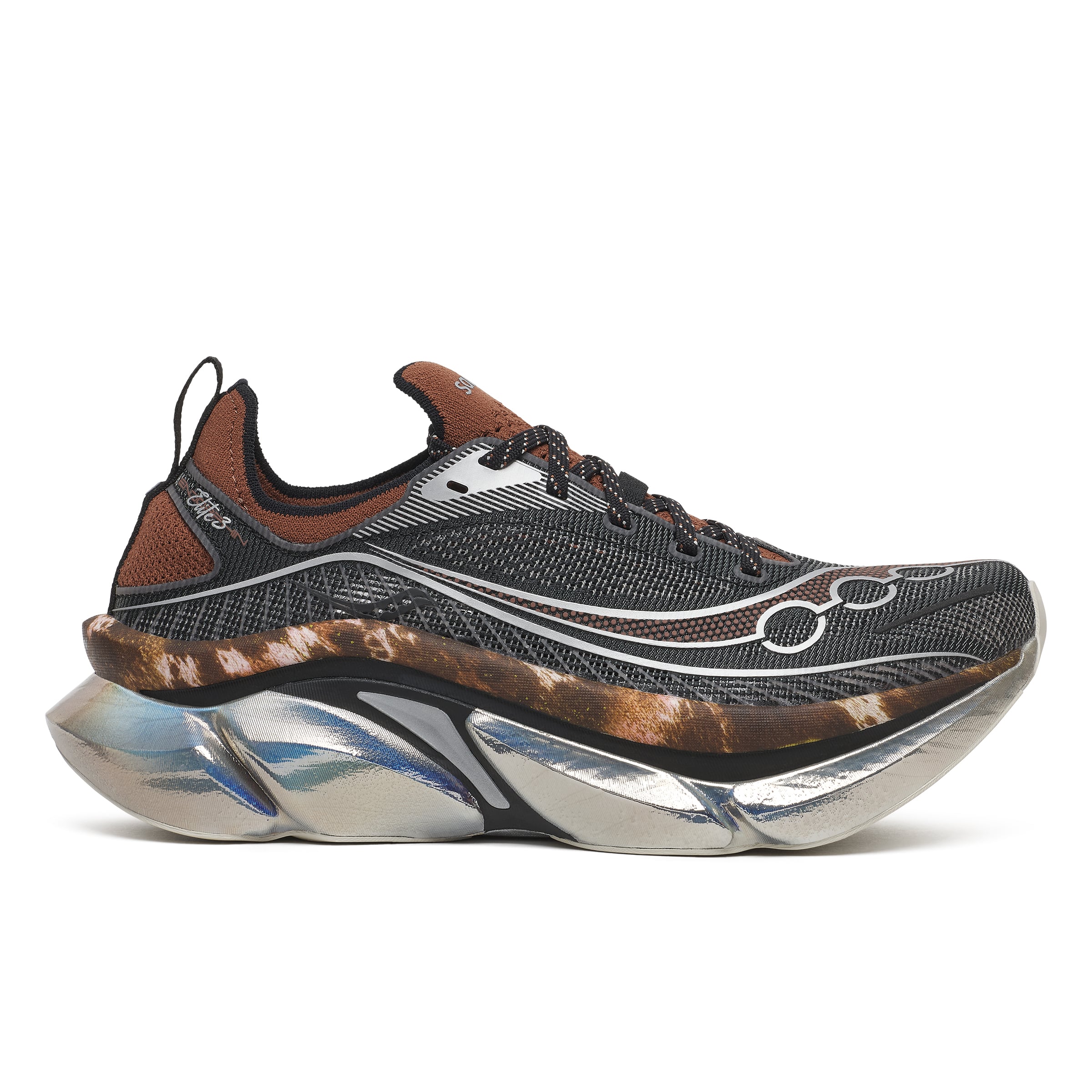 side view, black mesh upper with cowhide-print midsole and chrome outsole, Space Cowboy