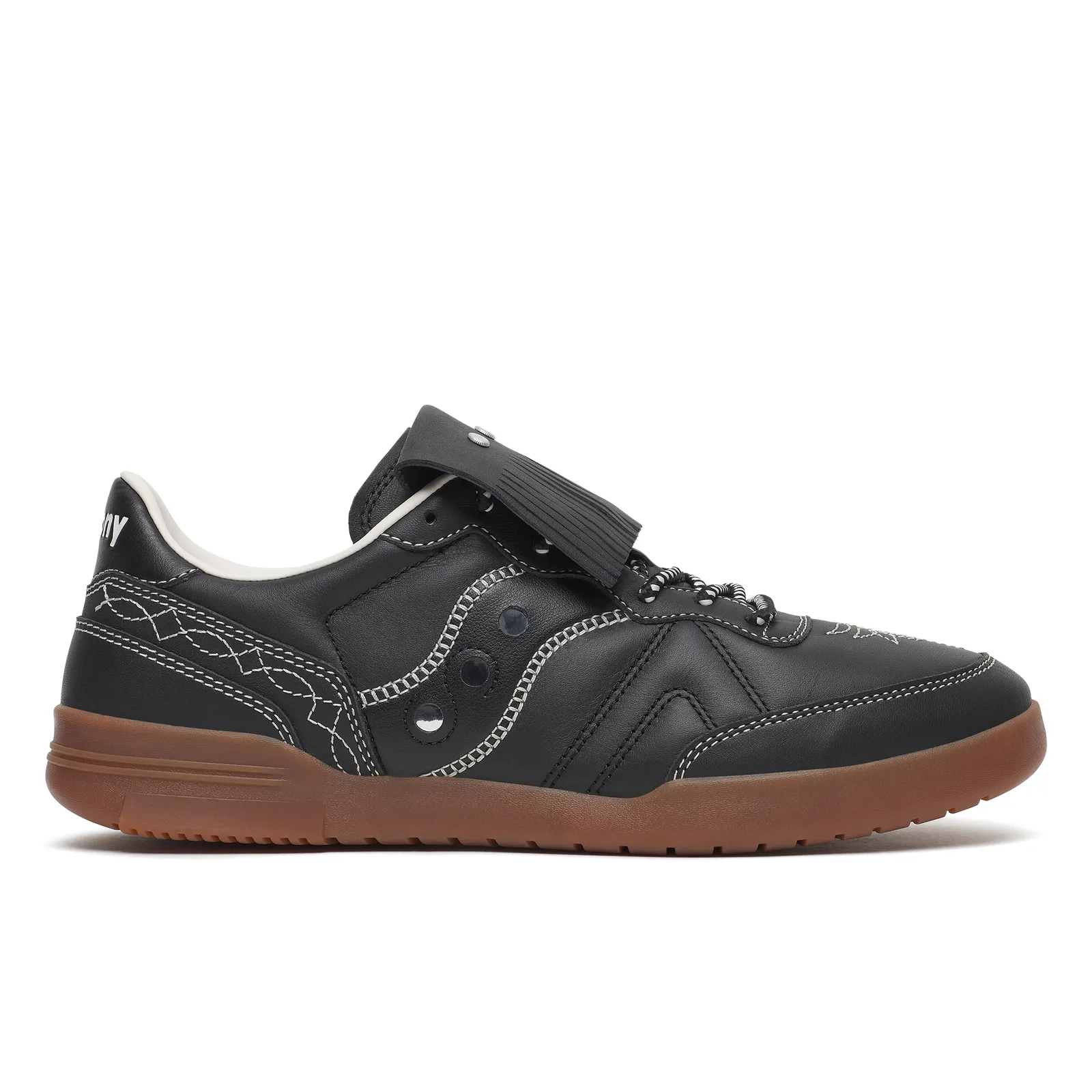 side view, black leather court shoe with white stitching and gum outsole, Space Cowboy