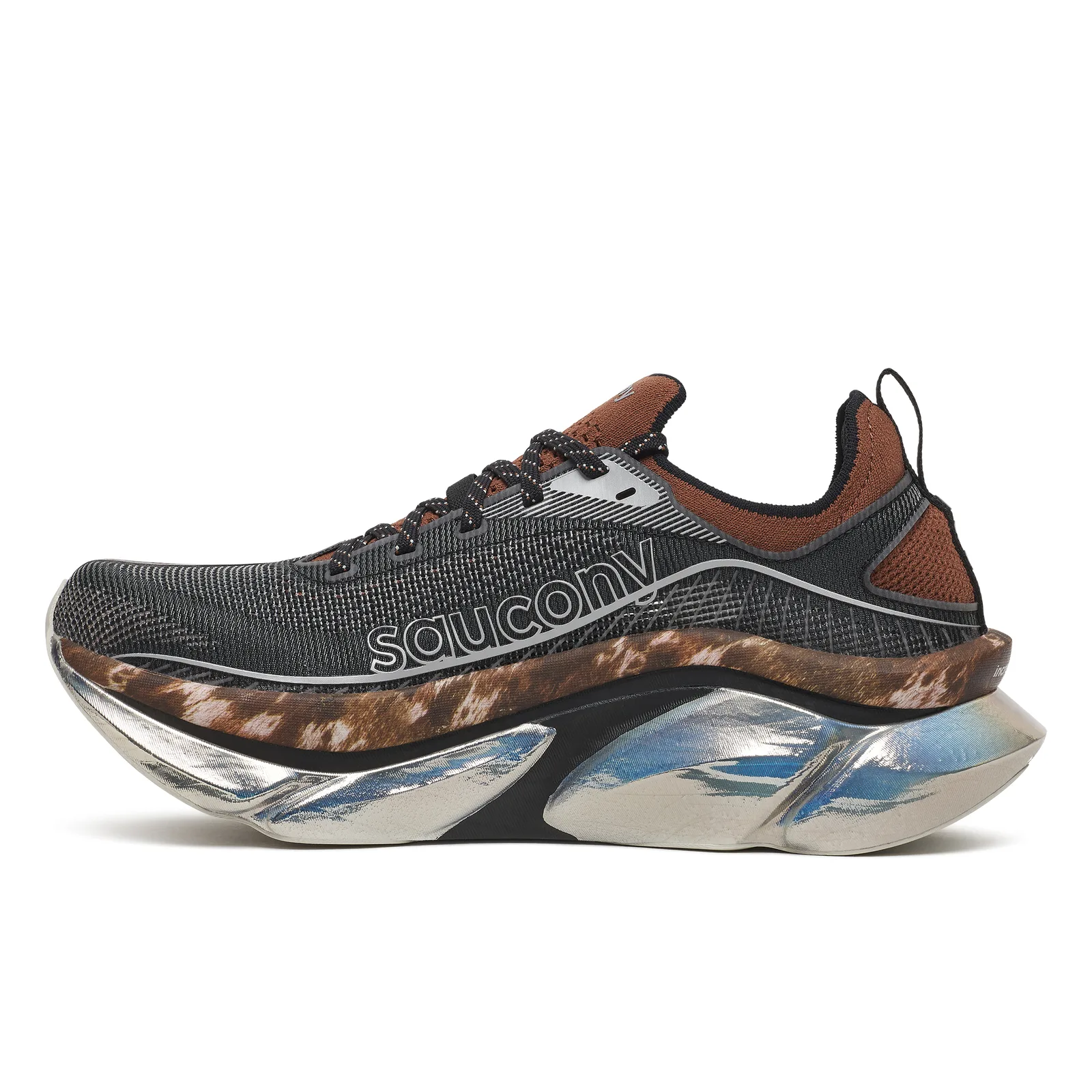 side view, black mesh upper with brown collar and cowhide-print midsole, Space Cowboy