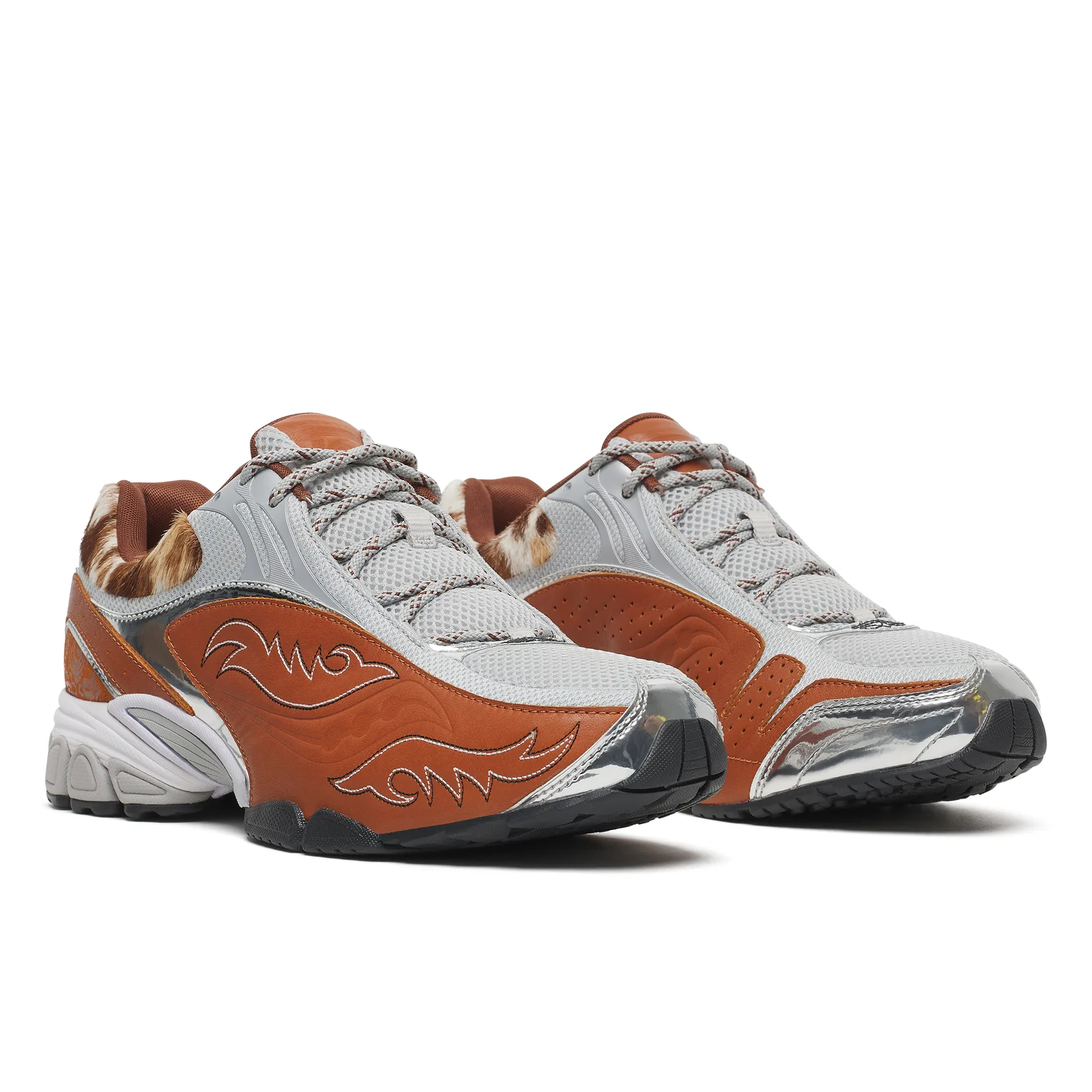 front-angled pair, grey mesh uppers with orange flame overlays and fur heels, Space Cowboy