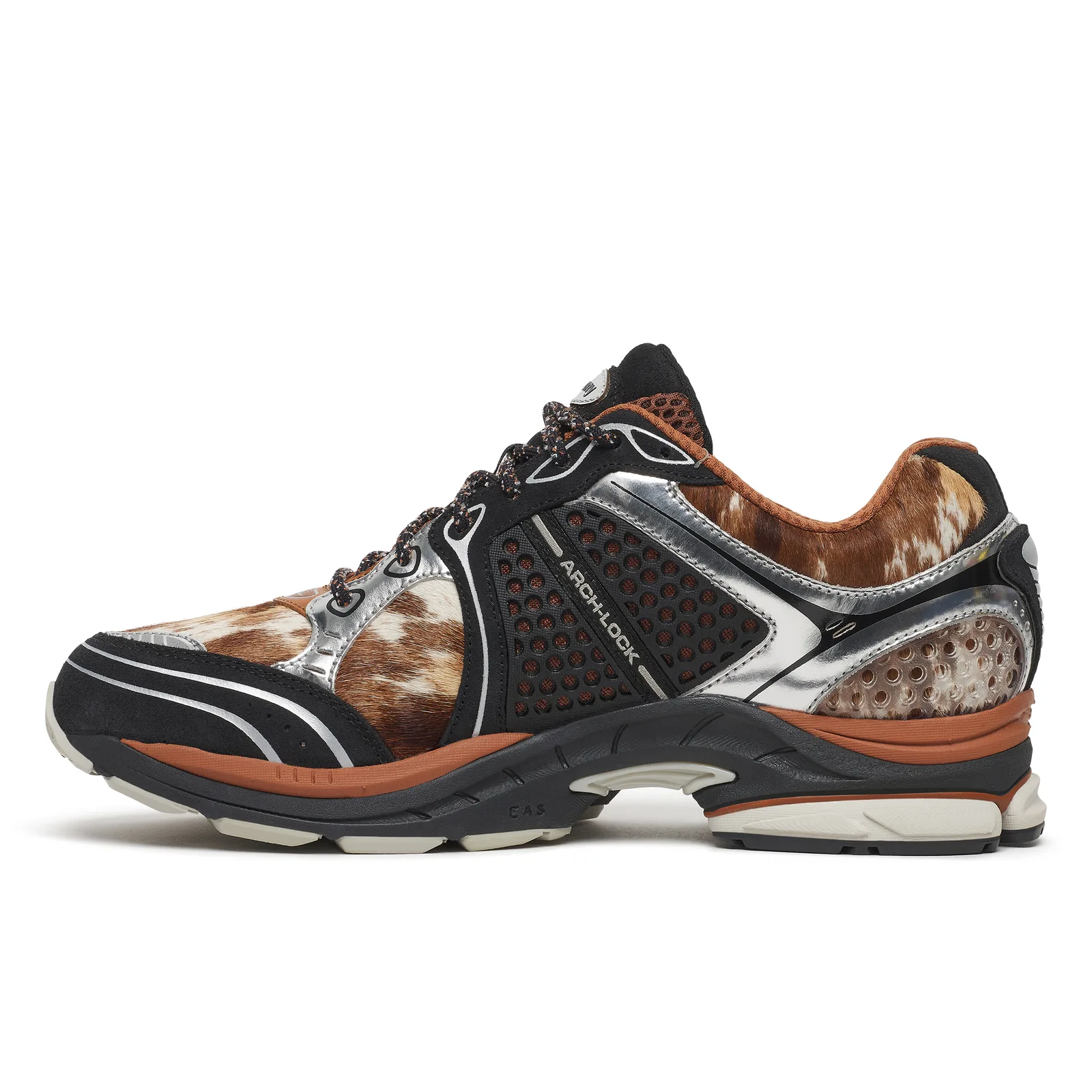 side view, silver metallic overlays with cowhide fur panels and orange piping, Space Cowboy