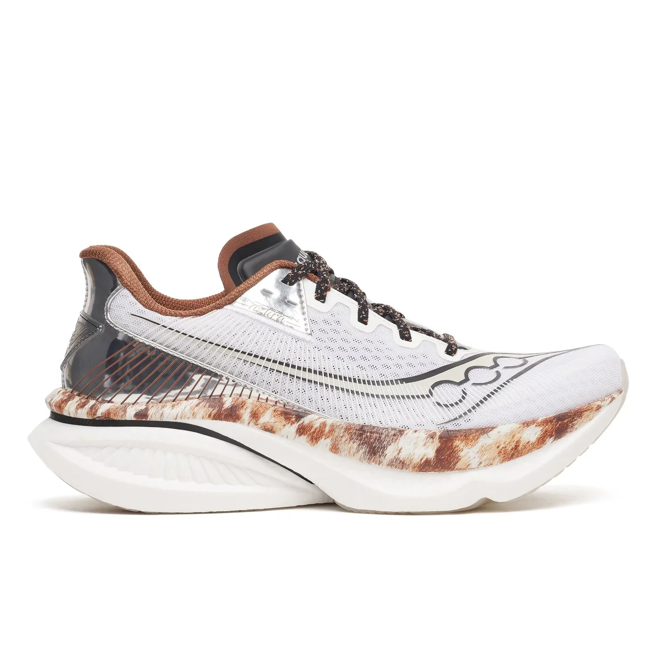 side view, white mesh upper with brown suede collar and cowhide-print midsole, Space Cowboy