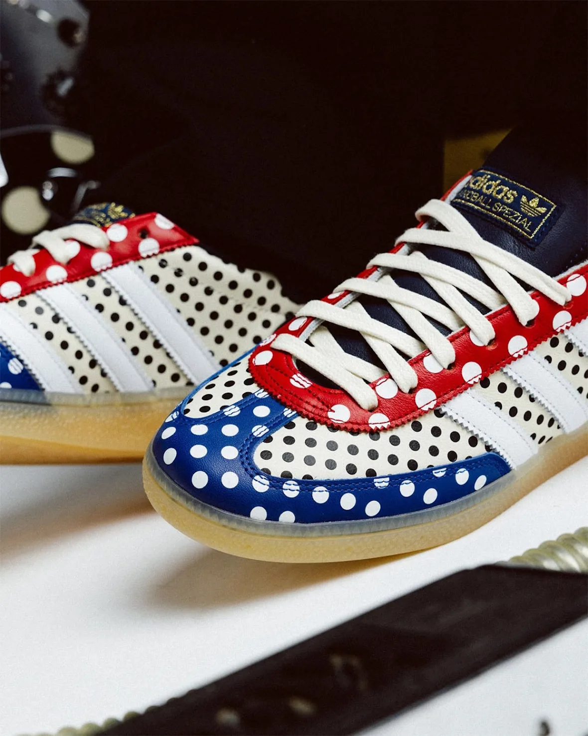close-up toe pair, red laces panel, blue polka-dot toe caps, gold adidas tag, Polka Dot