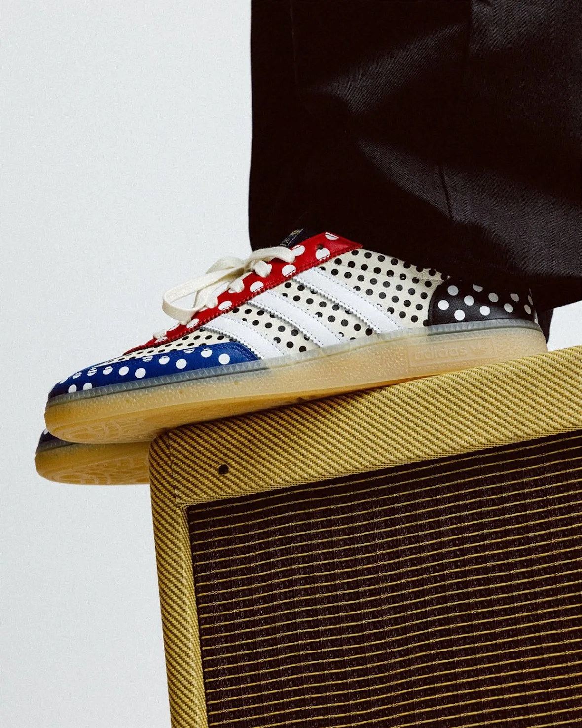 on-foot lateral view on amp edge, red white blue polka dot panels, gum sole, Polka Dot