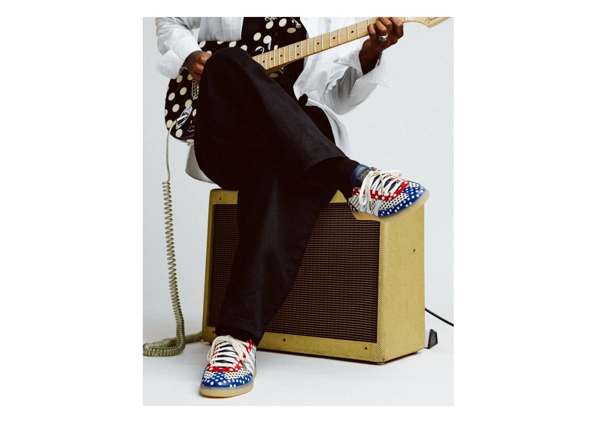 on-foot lateral view, resting on amp, red toe and blue heel polka, Sneaker Politics x adidas Handball Spezial “Polka Dot”