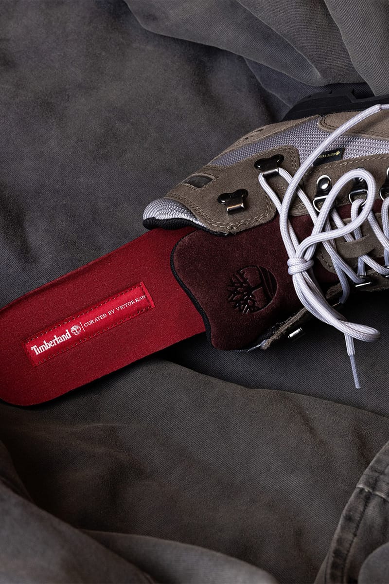 Detail of burgundy pull tab reading Timberland Curated by Victor Kan, Euro Hiker GTX
