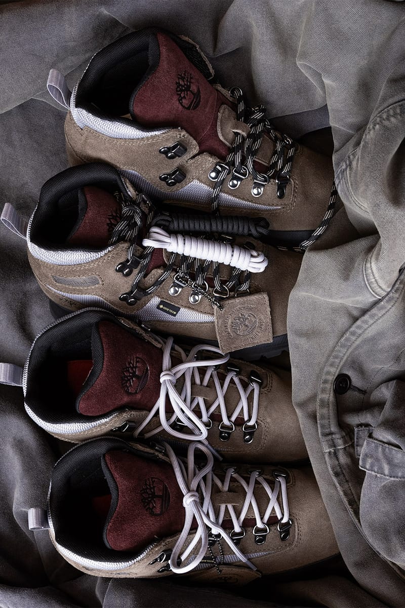 Two pairs laid flat, burgundy suede toes with tree logo and GORE-TEX tag, Euro Hiker GTX