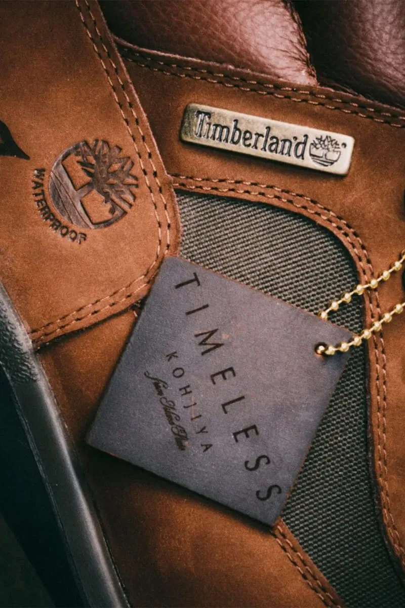 tongue close-up, Timberland tab, tree logo, hanging 'Timeless Kohjiya' tag, Waterproof Field Boot