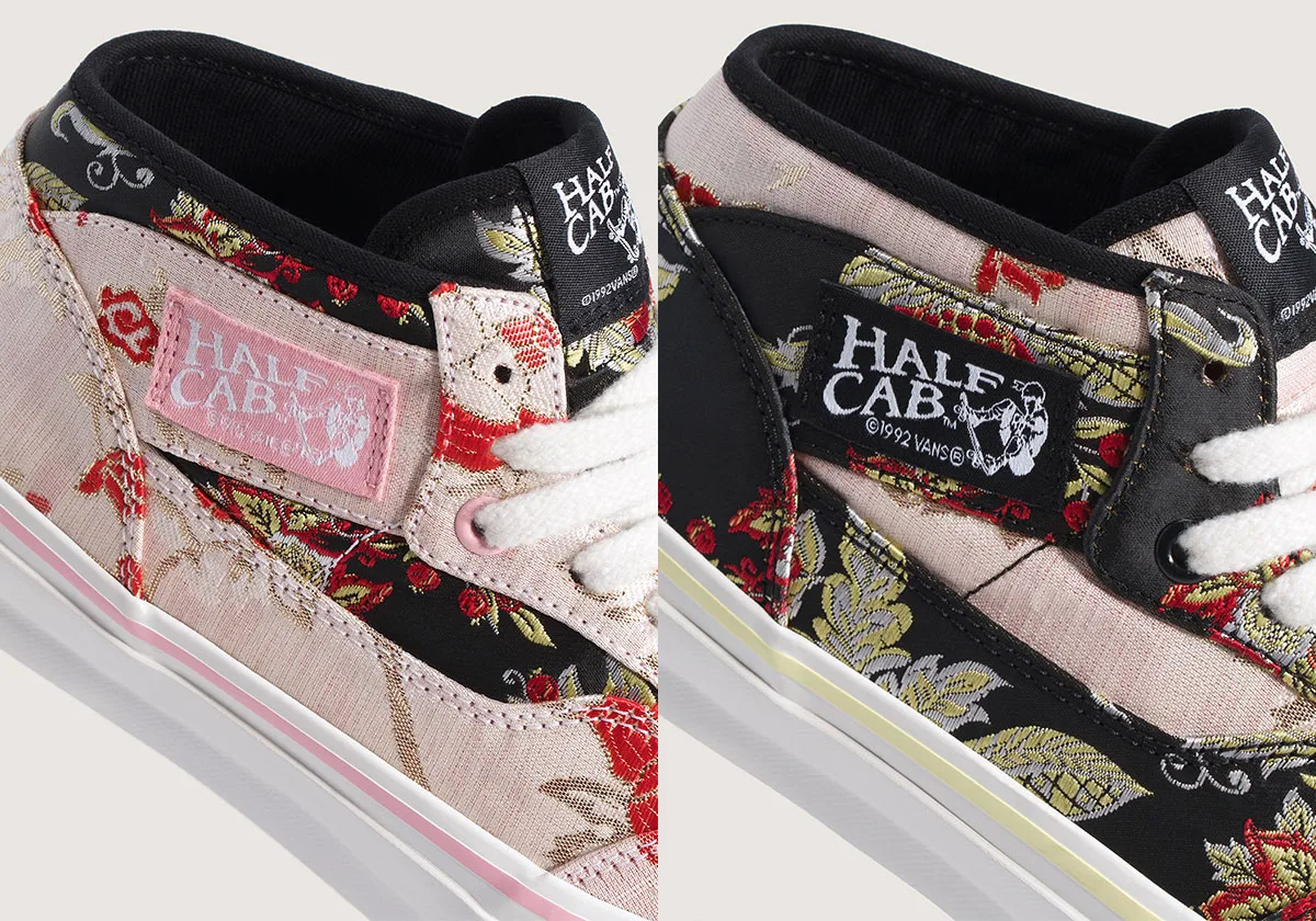 split close-up of tongue tags, pink and black Half Cab branding with floral embroidery, Floral Tapestry