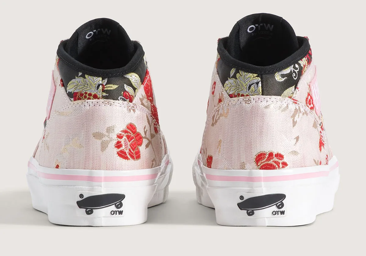 heel view of pair, pink floral embroidery with OTW skate logo on outsole, Floral Tapestry