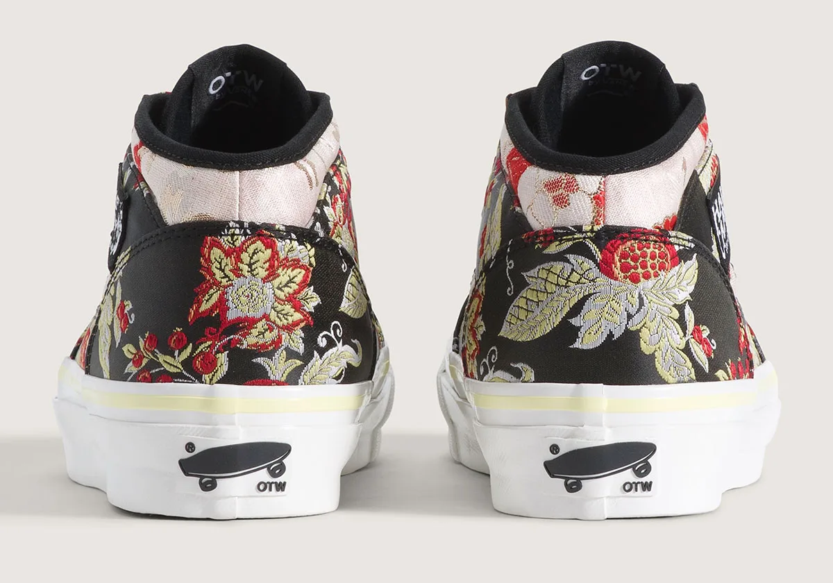 heel view of pair, black floral embroidery with OTW skate logo on outsole, Floral Tapestry