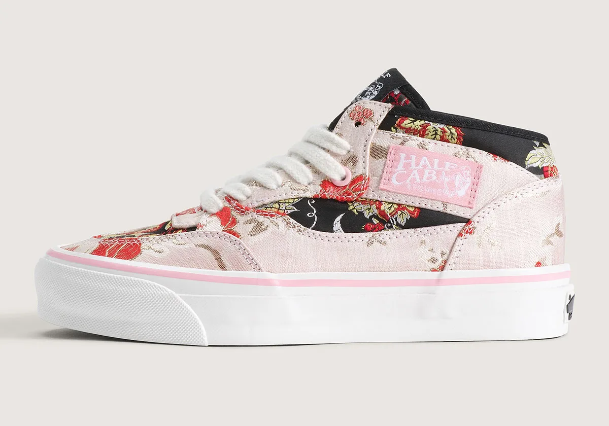 lateral view, pink floral tapestry upper with black panel and pink midsole trim, Floral Tapestry